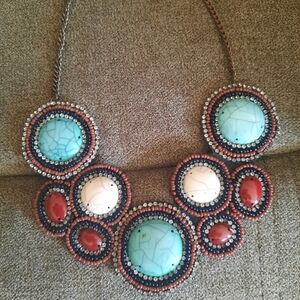 Elegant Beaded Statement Necklace - Turquoise and Red